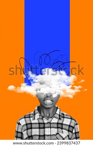 Vertical photo collage of young angry mad aggressive emotional woman half of head in clouds faceless overwhelmed on creative background