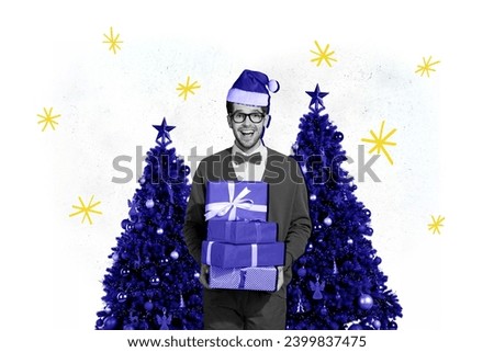 Composite collage picture image of funny man holding present boxes mister excited tree new year atmosphere christmas celebration x-mas