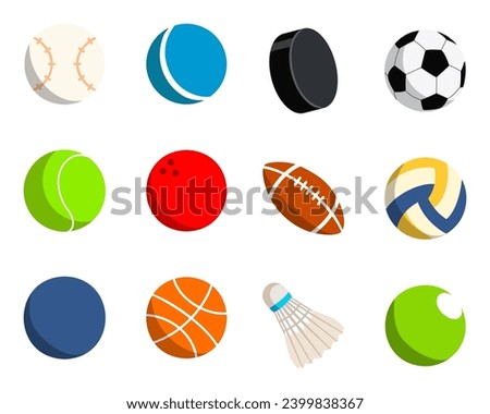 Different ball icon collection in a flat design. Sport equipment. Different balls in cartoon style. Collection of round and oval balls for different sports