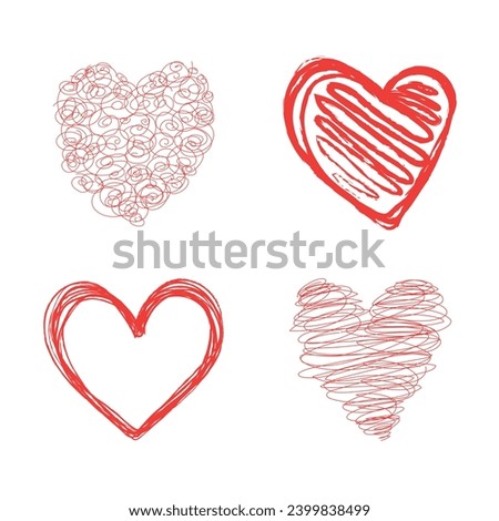 Set of 4 hand drawn heart. Hand drawn hearts isolated on white background. Vector illustration for your graphic design. Set icons and illustrations for valentines and wedding.