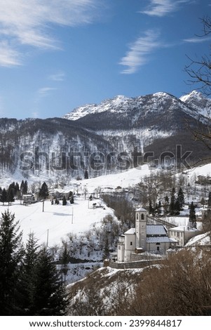 Snowy landscape.
Little mountain hamlet named Morterone; Lombardy, Italy 