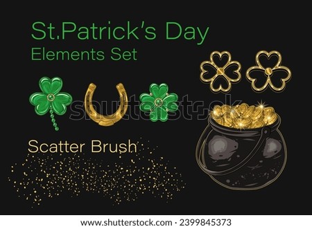 Set, clip art of design elements for St Patricks day in vintage style. Jewelry charms clover, shamrock, golden horseshoe, pot full of golden coins, design element scatter brush Golden dust