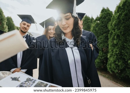 Graduates in caps and gowns celebrate milestones, creating lasting memories. Friends, faculty, and students come together in a park, showcasing successful teamwork and achievement. Royalty-Free Stock Photo #2399845975