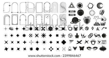 Extensive Collection of Vector Icons and Shapes for Futuristic and Space-Themed Designs. 90s graphic. Sketch stars. Bubble heart. Vintage shine lines. Geometric sparkling icons. Vector illustration