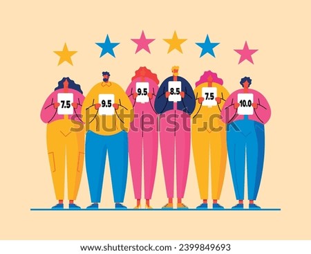 Group of cartoon colorful people holding score cards with numbers, stars above them. Contest jury, voting concept, customer feedback web page banner. Vector Royalty-Free Stock Photo #2399849693