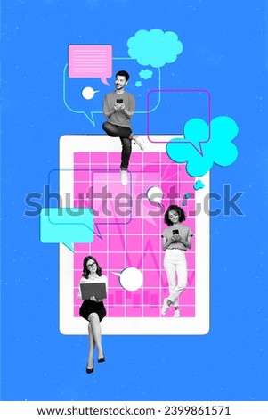 Photo illustration creative picture young busy people man woman chatting each other social network communication blue background