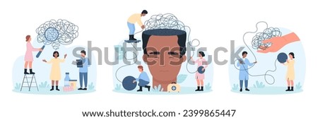 Mental health problem and treatment, psychology set vector illustration. Cartoon tiny people holding magnifying glass to research knot of tangled thread, psychologists help to untangle thoughts mess Royalty-Free Stock Photo #2399865447
