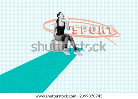 Collage picture illustration black white filter lovely charm young woman drink water bottle sport gymnastics turquoise template
