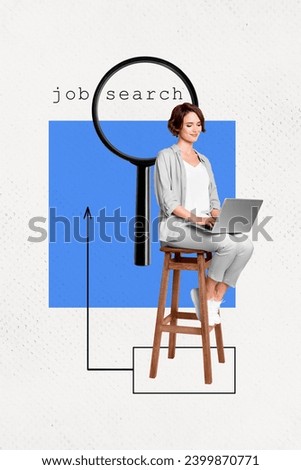 Vertical photo collage of young woman sit on chair hold laptop smile browsing vacancy look for job magnifier online on white background