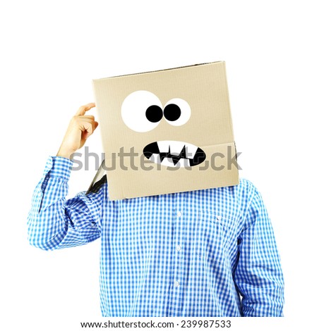 Man with cardboard box on his head isolated on white