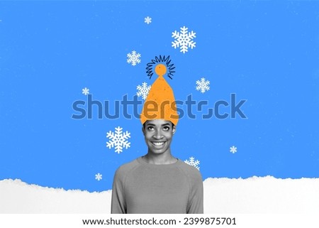 Composite picture image of young funny female warm hat snowflakes snowy weather blue white new year atmosphere christmas celebration x-mas