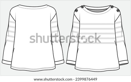 BOAT NECK STRIPER KNIT TOP WITH BUTTONED DETAILFOR WOMEN AND TEEN GIRLS IN  VECTOR ILLUSTRATION FILE Royalty-Free Stock Photo #2399876449