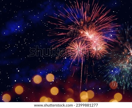 Elegant gold background with bright fireworks in sky