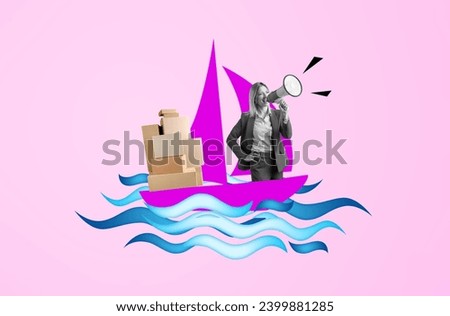 Poster collage of sailor in boat with boxes