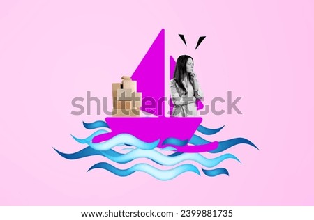Poster collage of sailor in boat with boxes