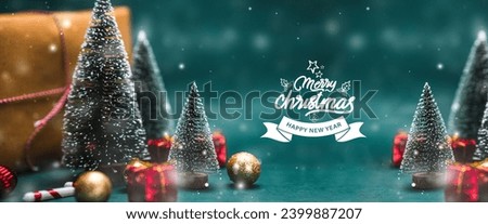 Merry Christmas holiday banner background, Happy New year and Christmas Website banner template, Snow trees with balls isolated on green background