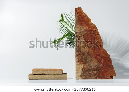 Granite stone with branch green leaf on studio background