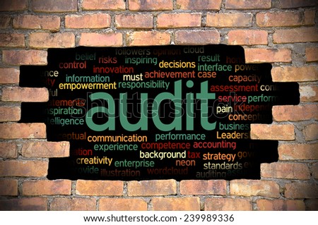 Business Concept - Hole In The Brick Wall Reveal Word Cloud Of Audit And Its Related Words
