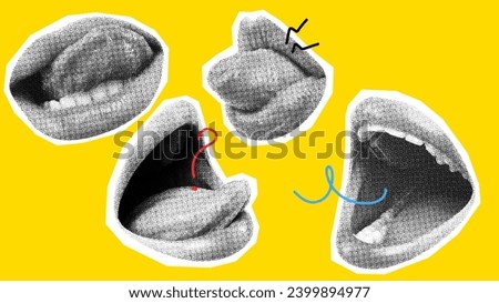 Female mouth over bright yellow background. Communication, mass media, information. Contemporary art collage. Concept of journalism, conversation, minimalism. Poster. Magazine style