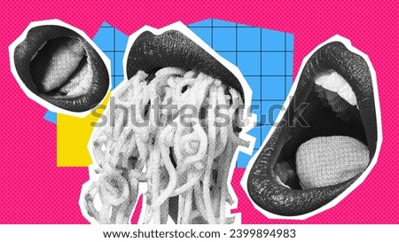 Female mouth eating delicious pasta over colorful background. Pop art. Contemporary art collage. Concept of food, taste, party, surrealism. Poster. Magazine style