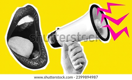 Female mouth shouting in megaphone over bright yellow background. News, propaganda, mass media. Contemporary art collage. Concept of journalism, information. Poster. Magazine style