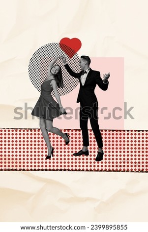 Creative vertical collage picture dancing beautiful couple lovers suit dress hold hand valentine party festive event celebration