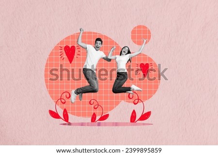Creative collage picture illustration young excited happy joyful family jump high crazy draw heart plant pink cell red background