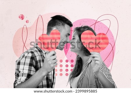 Collage picture illustration black white filter beautiful cute lovely couple touch smile hold card hearts sketch doodle pink background