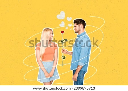 Horizontal photo collage of sweet couple boy give red rose to girl excited feelings admirer relationship sympathy gift on yellow background