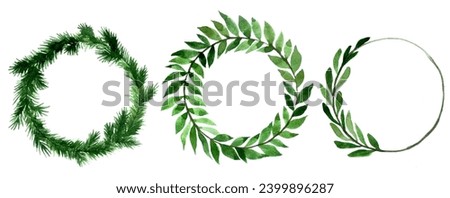 watercolor drawing, set of Christmas wreaths. New Year's festive wreaths, round frames of green leaves and christmas tree branches. christmas clip-art for greeting