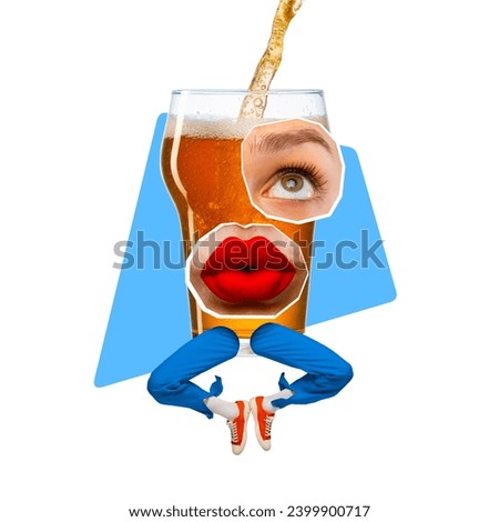 Contemporary art collage. Modern creative artwork. Mug with lips eyes and legs pouring with light foamy and cold beer. Concept of Oktoberfest, festival, national traditions, taste, drinks and holidays