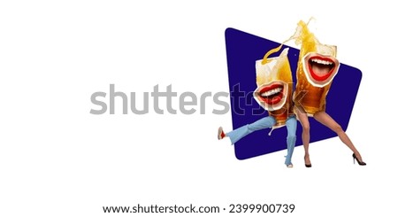 Contemporary art collage. Modern creative artwork. Two mug of beer, friend with lips on female legs having fun. concept of festival, national traditions, taste, drinks and holidays. copy space for ad