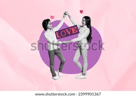 Horizontal photo collage cute kids boy and girl hold hands dance at party celebrate valentine day on pink paper texture background