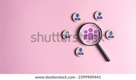 HRM Human Resource Management. Magnifier chooses to personnel icon which is among staff icons for human development recruitment leadership, customer target group concept. Recruit, employment, hiring. Royalty-Free Stock Photo #2399909441