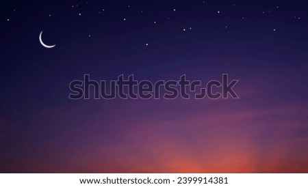 Night Sky background with Crescent Moon and stars on dark blue twilight sky with copy Space for editing arabic text, Ramadan kareem, Eid al Adha, Eid al fitr, Mubarak, Islamic New Year Royalty-Free Stock Photo #2399914381