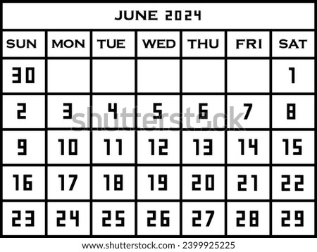 2024 june calendar template. Flat graphics of single page of wall Calendar concept isolated onwhite background. Week starts from saterday. EPS 10. Royalty-Free Stock Photo #2399925225