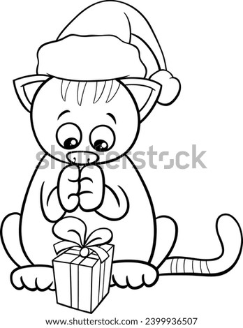 Black and white cartoon illustration of kitten character with gift on Christmas time coloring page