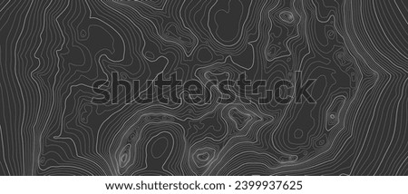 Stylized height of a topographic contour in lines and contours. Concept of a conditional geography scheme and the terrain path. Black  White. Ultra wide size. Vector Illustration