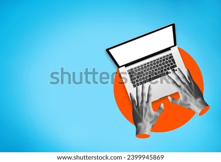 Contemporary collage. hands typing on computer
