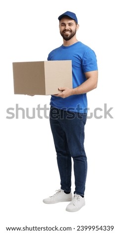 Happy courier with parcel on white background Royalty-Free Stock Photo #2399954339