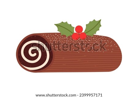 Yule log traditional Christmas cake with holly ordinary plant decoration. Buche de noel dessert. Chocolate roll with cream Royalty-Free Stock Photo #2399957171