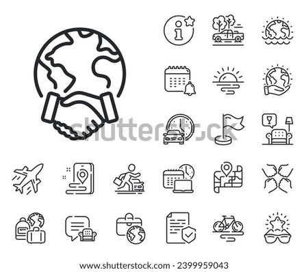 International outsourcing sign. Plane jet, travel map and baggage claim outline icons. Global business line icon. Internet marketing symbol. Global business line sign. Vector