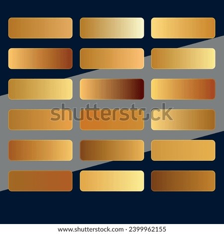 Gold rose, bronze, silver and gold foil texture gradation background set. Vector golden elegant, shiny and metalic gradient collection for chrome border, frame, ribbon, label design