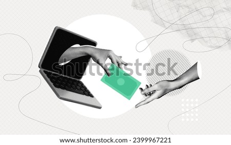 Trendy Halftone Online Payments Collage. Hand from computer monitor holds money. Metaphor composition. Financial transactions and investments. Currency exchange. Contemporary vector illustration art