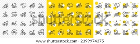 Mountain bike, Travel bicycle and Electric transport set. Bicycle line icons. City delivery, safety helmet and rent a bike line icons. Mountain sport, road transport and cyclist protection. Vector