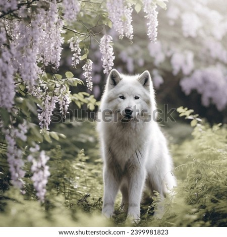 Realistic photo of a black wolf samoyed hybrid standing in a wisteria forest, full body, professional photography, muted colors, vignette, 4k resolution, realistic lighting, pale, filter.