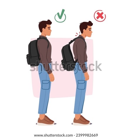 Wrong Posture, Hunched Back, Slouched Shoulders, And Leaning Forward With A Heavy Backpack. Proper Posture, Straight Spine, Shoulders Back, And Evenly Distributed Weight While Wearing The Backpack Royalty-Free Stock Photo #2399982669