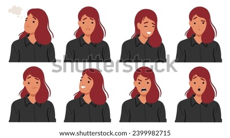 Female Character Emotions Set. Woman Thinking, Joy Radiates From A Wide Smile, Crying, and Yelling. Girl Expressions Range of Various Facial Expressions. Cartoon People Vector Illustration