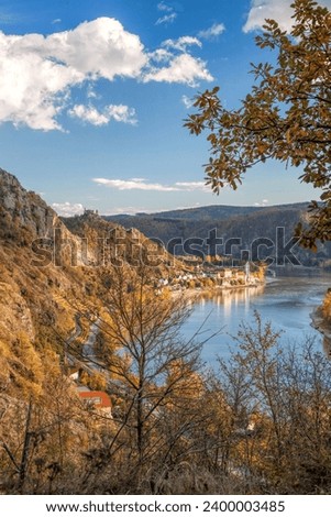 Panorama of Wachau valley (UNESCO) during autumn with Danube river near the Durnstein village in Lower Austria, Austria Royalty-Free Stock Photo #2400003485