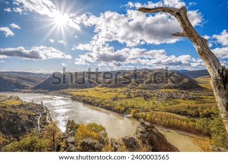 Panorama of Wachau valley (UNESCO) during autumn with Danube river near the Durnstein village in Lower Austria, Austria Royalty-Free Stock Photo #2400003565